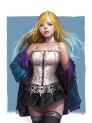 Rule 34 | blonde hair, blue eyes, carol (cyphers), center frills, cyphers, dongho kang, frills, hand on own hip, jacket, lips, miniskirt, realistic, skirt, solo, thighhighs