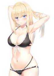 Rule 34 | 1girl, :o, armpits, arms up, bare arms, bare shoulders, bikini, black bikini, blonde hair, blue eyes, blush, breasts, cleavage, collarbone, cowboy shot, frilled bikini, frills, hands in hair, highres, kanata (kanade pa), large breasts, long hair, looking at viewer, navel, original, parted lips, sidelocks, simple background, solo, stomach, swimsuit, white background