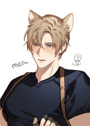 Rule 34 | 1boy, animal ears, black gloves, black shirt, blonde hair, blue eyes, blush, cat boy, cat ears, chibi, chibi inset, curtained hair, fingerless gloves, gloves, highres, holster, jujeop, leon s. kennedy, male focus, meowing, muscular, muscular male, parted lips, resident evil, resident evil 4, resident evil 4 (remake), shirt, short hair, shoulder holster, simple background, solo, sweatdrop, t-shirt, white background