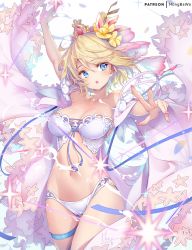 Rule 34 | 1girl, :o, arm up, bare shoulders, bikini, blonde hair, blue eyes, blue ribbon, blush, breasts, cleavage, collarbone, cowboy shot, europa (granblue fantasy), europa (summer) (granblue fantasy), flower, granblue fantasy, hair between eyes, hair flower, hair ornament, hong (white spider), large breasts, looking at viewer, nail polish, navel, outstretched arm, parted lips, ribbon, sash, short hair, solo, stomach, swimsuit, thigh strap, thighs, tiara, white bikini