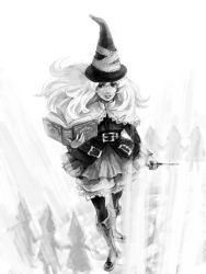 Rule 34 | 1girl, blonde hair, book, boots, greyscale, grimgrimoire, hat, lillet blan, long hair, monochrome, pantyhose, solo, vanillaware, wand, witch, witch hat, wizard hat