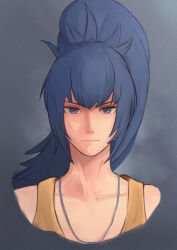 Rule 34 | 1girl, absurdres, ametsuchidoji, bare shoulders, blue hair, close-up, closed mouth, crop top, dog tags, fighting game, highres, leona heidern, long hair, ponytail, portrait, simple background, soldier, solo, tank top, the king of fighters, the king of fighters xv, upper body, yellow tank top