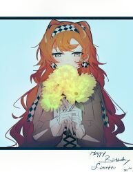 Rule 34 | 1girl, blue background, blush, bouquet, braid, checkered hairband, commentary, covered mouth, dated, dress, english commentary, english text, flower, gloves, grey dress, grey eyes, happy birthday, highres, holding, holding bouquet, kaeshi (yuukaeshi), letterboxed, long hair, orange hair, reverse:1999, side braid, solo, two side up, upper body, white gloves, yellow flower