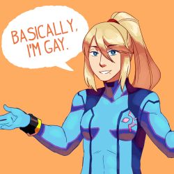Rule 34 | 1girl, blonde hair, blue eyes, bodysuit, breasts, english text, eyebrows, frogbians, highres, long hair, looking at viewer, medium breasts, metroid, nintendo, orange background, parted lips, ponytail, samus aran, simple background, smile, solo, standing, text focus, zero suit