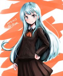 Rule 34 | 10s, 1girl, aqua hair, artist name, ascot, black eyes, blush, brown skirt, clses, dated, hair ornament, hairclip, hand on own hip, highres, kantai collection, long hair, long sleeves, looking at viewer, pleated skirt, school uniform, skirt, smile, solo, suzuya (kancolle), twitter username, very long hair