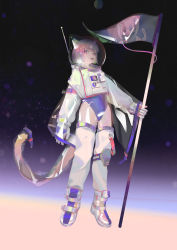 Rule 34 | + +, 1girl, absurdres, animal ears, animal ears helmet, blue leotard, cat ears, cat girl, cat tail, commentary, english commentary, flag, full body, grey hair, helmet, highres, holding, holding flag, knee pads, leotard, looking at viewer, open mouth, original, pink eyes, see-through, see-through sleeves, short hair, smile, solo, space, space helmet, spacesuit, star-shaped pupils, star (sky), star (symbol), symbol-shaped pupils, tail, teeth, tsuioku (908026270), upper teeth only
