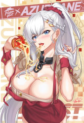 Rule 34 | 1girl, absurdres, azur lane, belfast (azur lane), belfast (piping-hot perfection) (azur lane), blush, braid, breasts, chain, collar, collarbone, dress, eating, food, food on body, food on breasts, french braid, hair between eyes, highres, holding, holding food, holding pizza, large breasts, long hair, looking at viewer, maid headdress, nail polish, nez-box, pizza, pizza hut, pizza slice, product placement, red dress, silver hair, sleeveless, sleeveless dress, smile, solo
