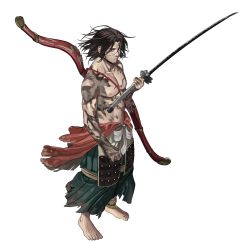 Rule 34 | 1boy, absurdres, ashina genichirou, barefoot, black hair, bow (weapon), closed mouth, hakama, hakama pants, highres, holding, holding sword, holding weapon, japanese clothes, katana, looking at viewer, male focus, pants, red eyes, sekiro: shadows die twice, simple background, solo, ssanghwa tang1, sword, toenails, toes, waist cape, weapon, white background