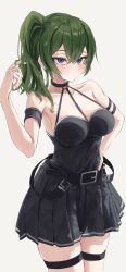 Rule 34 | 1girl, absurdres, arm strap, armlet, bare shoulders, belt, black belt, black dress, blush, breasts, choker, cleavage, closed mouth, dress, gloves, green hair, hair between eyes, hand on own hip, hand up, highres, long hair, looking at viewer, medium breasts, muginosa, ponytail, purple eyes, side ponytail, simple background, solo, sousou no frieren, standing, thigh strap, thighs, ubel (sousou no frieren), white background