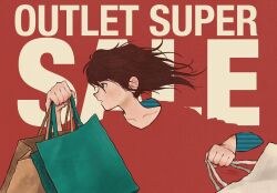 Rule 34 | 1girl, bag, blending, brown hair, english text, highres, holding, holding bag, long sleeves, medium hair, original, parted lips, profile, red background, red shirt, shirt, signature, solo, syooooyoooo, upper body