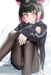 Rule 34 | 1girl, animal ears, arm on knee, black hair, black jacket, black pantyhose, blue archive, blunt bangs, blush, cat ears, closed mouth, colored inner animal ears, colored inner hair, commentary, extra ears, feet out of frame, foreshortening, hair behind ear, hair ornament, hairclip, halo, hand on own arm, hood, hood down, jacket, kazusa (blue archive), knees up, looking at viewer, looking to the side, miniskirt, multicolored hair, pantyhose, pillow, pink eyes, pink hair, pink halo, raised eyebrows, shiromoca, short hair, sidelocks, simple background, sitting, skirt, sleeves past wrists, smile, solo, striped sleeves, thick eyelashes, two-tone hair, upskirt, white background, white skirt