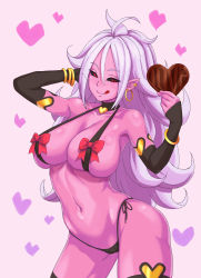 Rule 34 | 1girl, :p, ahoge, android 21, arm up, arm warmers, bikini, black bikini, blush, bow, box, bracelet, breasts squeezed together, breasts, candy, chocolate, chocolate heart, choker, cleavage, den&#039;en, dragon ball, dragon ball fighterz, ear piercing, earrings, food, gift, gift box, half-closed eyes, heart, heart background, heart choker, highres, hoop earrings, jewelry, large breasts, licking lips, long hair, looking at viewer, majin android 21, naughty face, navel, panties, piercing, pointy ears, red bow, red eyes, seductive smile, side-tie bikini bottom, side-tie panties, skindentation, sling bikini top, smile, solo, stomach, swimsuit, thighhighs, tongue, tongue out, underwear, valentine, very long hair, white hair