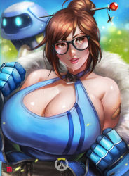 Rule 34 | 1girl, adapted costume, bandaid, bandaid on arm, bare shoulders, black-framed eyewear, blue gloves, body freckles, breasts, brown eyes, brown hair, cleavage, cleavage cutout, clothing cutout, coat, criss-cross halter, freckles, fur coat, fur collar, fur trim, glasses, gloves, hair bun, hair ornament, hair stick, halterneck, hot, huge breasts, lips, lipstick, looking at viewer, makeup, mei (overwatch), overwatch, overwatch 1, parted lips, robot, single hair bun, smile, snowball (overwatch), soffa, solo, sweat, undressing, upper body