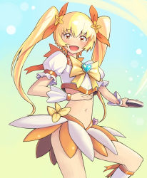 Rule 34 | 10s, 1girl, aqua background, blonde hair, bow, bowieknife, brooch, cure sunshine, gradient background, hair ribbon, heart, heart brooch, heartcatch precure!, jewelry, magical girl, midriff, myoudouin itsuki, navel, orange bow, orange skirt, precure, ribbon, skirt, solo, twintails, wrist cuffs, yellow background, yellow bow, yellow eyes