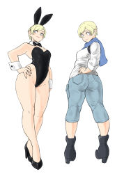 Rule 34 | 1girl, animal ears, ass, black leotard, blonde hair, blue eyes, breasts, closed mouth, detached collar, fake animal ears, full body, high heels, highres, leotard, looking at viewer, rabbit ears, resident evil, resident evil 6, sherry birkin, short hair, simple background, smile, solo, strapless, strapless leotard, toshinoshin, white background, wrist cuffs