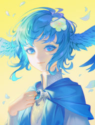 Rule 34 | 1girl, blue eyes, blue hair, brooch, c home, cape, closed mouth, colored eyelashes, commentary request, curled fingers, final fantasy, final fantasy xiv, flower, forehead, hair flower, hair ornament, hand up, head wings, highres, jewelry, long sleeves, looking at viewer, medium hair, meteion, petals, shadow, simple background, smile, solo, upper body, wings, yellow background