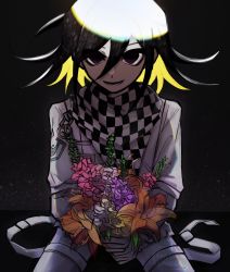 Rule 34 | 1boy, absurdres, artist logo, artist name, black background, black hair, black scarf, blonde hair, blue flower, bouquet, chain, checkered clothes, checkered neckwear, checkered scarf, commentary, cowboy shot, danganronpa (series), danganronpa v3: killing harmony, flower, grey jacket, grey pants, hair between eyes, highres, holding, holding flower, jacket, light, long sleeves, looking at viewer, male focus, multicolored hair, open mouth, orange flower, oma kokichi, pants, pastahands, pink flower, red flower, scarf, sitting, smile, solo, two-tone hair, white jacket, white scarf