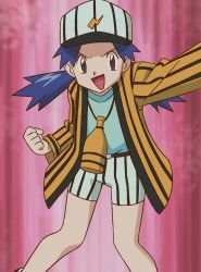 Rule 34 | 1girl, anime coloring, arm up, baseball cap, belt, blue hair, brown eyes, casey (pokemon), clenched hand, commentary request, creatures (company), eyelashes, game freak, green shirt, hat, highres, jacket, long sleeves, looking at viewer, nintendo, no socks, official style, open mouth, pink background, pokemon, pokemon (anime), pokemon (classic anime), retro artstyle, sawa (soranosawa), shirt, short shorts, shorts, smile, solo, striped clothes, striped headwear, striped shorts, tongue, white hat