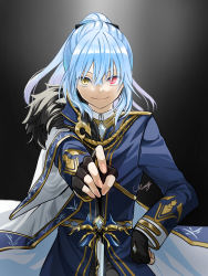 Rule 34 | 1other, absurdres, black bow, black gloves, blue coat, blue hair, bow, closed mouth, coat, floating hair, gloves, hair between eyes, hair bow, hand on hilt, hand on own hip, heterochromia, high ponytail, highres, long hair, long sleeves, looking at viewer, red eyes, rimuru tempest, signature, smile, standing, sword, tensei shitara slime datta ken, wata miya (shiro momen), weapon, yellow eyes
