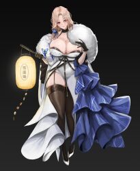 Rule 34 | 1girl, absurdres, bare shoulders, black gloves, black kimono, black thighhighs, blonde hair, blue ribbon, blush, breasts, cleavage, coat, collarbone, full body, fur-trimmed coat, fur-trimmed kimono, fur trim, gloves, goddess of victory: nikke, goo bbue, hair ribbon, highres, holding, huge breasts, japanese clothes, kimono, lantern, long hair, looking at viewer, ludmilla (nikke), ludmilla (winter owner) (nikke), official alternate costume, orange eyes, paper lantern, parted bangs, ribbon, smile, solo, thighhighs, two-tone kimono, white kimono