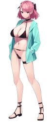 Rule 34 | 1girl, absurdres, aqua jacket, bare legs, bikini, black bikini, black choker, black footwear, bow, breasts, choker, cleavage, closed mouth, collarbone, full body, groin, hair bow, halterneck, halterneck, hands in pocket, highres, jacket, large breasts, looking at viewer, medium hair, navel, open clothes, open jacket, original, pink hair, red eyes, sandals, simple background, skindentation, solo, stomach, strap gap, string bikini, swimsuit, thigh strap, thighs, two side up, white background, yamanokami eaka