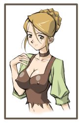 Rule 34 | 00s, 1girl, ashita no nadja, blonde hair, breasts, cleavage, covered erect nipples, huge breasts, mole, mole under eye, no bra, sleeves rolled up, smile, solo, sylvie arte, torn clothes, yellow eyes