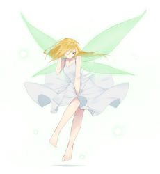 Rule 34 | 1girl, ;(, bare arms, bare legs, bare shoulders, barefoot, between legs, black eyes, blonde hair, blurry, bokeh, breasts, cleavage, collarbone, depth of field, dress, fairy, fairy wings, fhang, floating, floating hair, full body, furrowed brow, hair between eyes, hand between legs, hand in own hair, highres, knees together feet apart, light particles, long hair, one eye closed, original, parted lips, ribbon, shadow, simple background, skirt hold, sleeveless, sleeveless dress, small breasts, solo, transparent wings, white background, white dress, white ribbon, wings