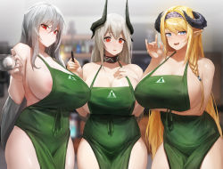 Rule 34 | 3girls, apron, areola slip, arknights, blonde hair, blue eyes, blurry, blurry background, blush, closed mouth, green apron, hair between eyes, hairband, highres, holding, holding pen, horns, iced latte with breast milk (meme), long hair, looking at viewer, meme, mo ne, mudrock (arknights), multiple girls, naked apron, open mouth, pen, pointy ears, red eyes, saileach (arknights), silver hair, skadi (arknights)