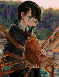 Rule 34 | 1girl, absurdres, animal, black hair, blue eyes, blurry, blurry background, crab, glasses, highres, holding, holding animal, huge filesize, jacket, katakai, low twintails, original, outdoors, red neckwear, twintails, upper body