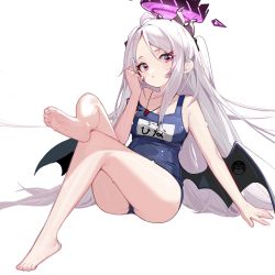 Rule 34 | 1girl, ahoge, blue archive, blush, crossed legs, demon horns, demon wings, feet, halo, highres, hina (blue archive), hina (swimsuit) (blue archive), horns, long hair, looking to the side, multiple horns, old school swimsuit, parted bangs, prossss, purple eyes, purple horns, school swimsuit, sitting, solo, strap slip, swimsuit, white background, white hair, wings