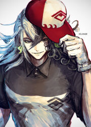 Rule 34 | 1boy, ashiya douman (fate), baseball cap, black hair, commentary request, curly hair, earrings, fate/grand order, fate (series), from above, gloves, grey eyes, hair between eyes, hat, holding, holding clothes, holding hat, jewelry, k-suwabe, long hair, magatama, magatama earrings, multicolored hair, polo shirt, short sleeves, solo, twitter username, upper body, white gloves, white hair