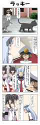 Rule 34 | 1boy, 3girls, 4koma, ^^^, absurdres, admiral (kancolle), black cat, black hair, blank eyes, blue hair, blunt bangs, bowing, breasts, brown hair, building, cat, closed eyes, comic, detached sleeves, dress, epaulettes, false smile, fusou (kancolle), grey cat, grin, hair between eyes, hair ornament, hair tie, hallway, hand on own hip, hat, headgear, highres, japanese clothes, kantai collection, large breasts, little boy admiral (kancolle), long hair, long sleeves, military, military hat, military uniform, multiple girls, murakumo (kancolle), necktie, nontraditional miko, open mouth, oversized clothes, peaked cap, rappa (rappaya), red eyes, sailor dress, shaded face, short hair, sidelocks, skirt, sleeves past wrists, smile, standing, surprised, thigh strap, translation request, uniform, v arms, wide sleeves, yamashiro (kancolle)