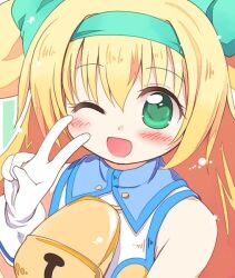 Rule 34 | 1girl, :d, bell, blazblue, blonde hair, blush, bow, commentary request, emurin, female focus, green bow, green eyes, green hairband, hair between eyes, hair bow, hairband, heart, heart-shaped pupils, long hair, looking at viewer, multiple hair bows, neck bell, one eye closed, open mouth, platinum the trinity, shirt, sleeveless, sleeveless shirt, smile, solo, symbol-shaped pupils, upper body, v, white shirt