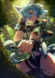 Rule 34 | 1girl, absurdres, aiming, aiming at viewer, animal ears, armor, arrow (projectile), black shorts, blue eyes, blue hair, bow (weapon), breastplate, cat ears, cat girl, cat tail, commentary request, drawing bow, fairy (sao), forest, glowing, glowing eyes, grin, hair between eyes, highres, holding, holding arrow, holding bow (weapon), holding weapon, in tree, light bow shekinah, looking at viewer, nature, oboro neko, outdoors, short hair with long locks, short shorts, shorts, sinon, sinon (sao-alo), slit pupils, smile, solo, sword art online, tail, tree, weapon