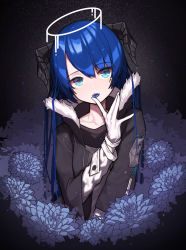 Rule 34 | 1girl, absurdres, arknights, beudelb, black jacket, blue eyes, blue flower, blue tongue, collarbone, colored tongue, dark background, demon horns, finger to tongue, flower, fur-trimmed jacket, fur trim, gloves, halo, head tilt, highres, horns, jacket, long hair, long sleeves, looking at viewer, mostima (arknights), open clothes, open jacket, open mouth, solo, tongue, tongue out, upper body, white gloves