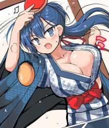 Rule 34 | 1girl, :o, alternate costume, areola slip, blue eyes, blue hair, blue kimono, breasts, cleavage, commentary request, holding, holding paddle, japanese clothes, kimono, large breasts, long hair, looking at viewer, open clothes, open shirt, oshiro project:re, paddle, solo, sumoto (oshiro project), table tennis, table tennis paddle, tsuzuri (tuzuri), yukata