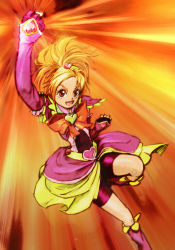 Rule 34 | 1girl, absurdres, bike shorts, bike shorts under skirt, blonde hair, boots, brooch, clenched hand, clenched hands, cure bloom, eyelashes, futari wa precure splash star, goru (cure golgom), heart, heart brooch, highres, hyuuga saki, jewelry, knee boots, magical girl, open mouth, orange background, parody, pink footwear, precure, raised fist, ribbon, shorts, shorts under skirt, shouryuuken, solo, uppercut