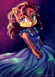 Rule 34 | 1girl, alternate costume, animal ears, artist name, bare shoulders, blue background, blue dress, blue eyes, blush, breasts, brown eyes, brown hair, chromatic aberration, cinderella (2015), cleavage, closed mouth, commission, dress, female focus, frilled dress, frills, furry, furry female, gradient background, half-closed eyes, happy, heterochromia, light blush, long hair, looking at viewer, megan acorn, simple background, sleeveless, sleeveless dress, small breasts, smile, solo, sonic (series), sonic the hedgehog (archie comics), spacecolonie, standing, watermark