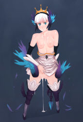 Rule 34 | 1girl, blue eyes, blush, boots, breasts, clothes lift, clothes pull, crown, cum, cumdrip, dress, dress lift, dress pull, flat chest, g-room honten, gwendolyn (odin sphere), nipples, odin sphere, short hair, solo, thigh boots, thighhighs, vanillaware, white hair