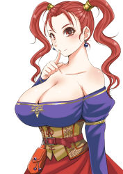 Rule 34 | 1girl, bare shoulders, belt, belt buckle, belt pouch, blush, breasts, buckle, cleavage, closed mouth, collarbone, corset, dragon quest, dragon quest heroes, dragon quest viii, dress, earrings, finger to mouth, hair tubes, highres, huge breasts, index finger raised, jessica albert, jewelry, kokuriu, large breasts, long hair, looking at viewer, no bra, off-shoulder dress, off shoulder, pocket, pouch, red eyes, red hair, red skirt, shushing, simple background, skirt, smile, solo, strapless, twintails, upper body, white background