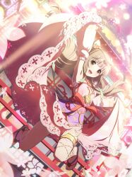 Rule 34 | 1girl, arm up, armpits, aropotto, blunt bangs, blush, bow, breasts, brown eyes, brown hair, building, cherry blossoms, clothes lift, detached sleeves, dot nose, dress, dress bow, dutch angle, floating hair, full body, hair bow, hair ribbon, hand up, head chain, highres, idolmaster, idolmaster cinderella girls, idolmaster cinderella girls starlight stage, jumping, lamppost, long hair, long skirt, long sleeves, open mouth, pink sleeves, red bow, ribbon, sandals, skirt, skirt lift, sleeveless, sleeveless dress, small breasts, smile, solo, stage, stage lights, thighlet, toenails, toes, two-tone dress, very long hair, white ribbon, yorita yoshino, zouri