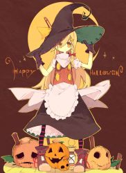 Rule 34 | 1girl, akimaki yuu, apron, black gloves, black hat, black pantyhose, black skirt, blonde hair, bow, braid, brown background, brown footwear, commentary, crescent moon, english text, food, fruit, full body, gloves, hair bow, hair ornament, hairclip, hands on headwear, happy halloween, hat, highres, jack-o&#039;-lantern, kirisame marisa, lantern, long hair, looking at viewer, moon, orange (fruit), pantyhose, red bow, red pantyhose, safety pin, shirt, single braid, skirt, smile, solo, standing, star (symbol), star hair ornament, striped clothes, striped pantyhose, touhou, waist apron, white shirt, witch hat, yellow eyes