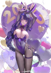 Rule 34 | 1girl, 2023, absurdres, alternate costume, animal ears, arms up, balloon, between breasts, black pantyhose, braid, breasts, bridal gauntlets, cleavage, covered navel, cowboy shot, fake animal ears, fingernails, floating hair, genshin impact, grin, groin, heart balloon, highleg, highleg leotard, highres, large breasts, leotard, long fingernails, long hair, looking at viewer, low-braided long hair, low-tied long hair, lwj, mitsudomoe (shape), nail polish, necktie, necktie between breasts, new year, pantyhose, playboy bunny, purple eyes, purple hair, purple leotard, purple nails, purple necktie, rabbit ears, raiden shogun, shrug (clothing), simple background, single braid, smile, solo, star (symbol), strapless, strapless leotard, streamers, thigh strap, thighs, tomoe (symbol), very long hair, vision (genshin impact), white background, x arms