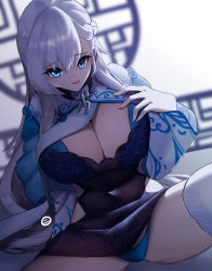 Rule 34 | 1girl, absurdres, azur lane, belfast (azur lane), belfast (iridescent rosa) (azur lane), blue eyes, blue panties, blurry, blurry background, braid, breasts, broken, broken chain, chain, china dress, chinese clothes, cleavage, dress, french braid, highres, huge breasts, jrpulse, long hair, looking at viewer, official alternate costume, panties, pelvic curtain, silver hair, solo, thighhighs, thighs, underwear, very long hair, white thighhighs