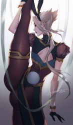 Rule 34 | 1girl, animal ears, arm at side, artist name, back, bare shoulders, black lips, black pantyhose, camille (league of legends), choker, citemer, commentary, cowboy shot, english commentary, closed eyes, fake animal ears, fake tail, from behind, gloves, hairband, half gloves, hand on leg, highleg, highleg leotard, highres, league of legends, leg lift, leg up, leotard, lipstick, long hair, looking to the side, makeup, pantyhose, playboy bunny, ponytail, rabbit ears, rabbit tail, signature, skin tight, solo, standing, tail, taut clothes, thighlet, very long hair, white hair