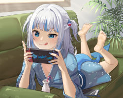 Rule 34 | 1girl, :q, absurdres, bangom r, barefoot, blue eyes, blue hair, blue kimono, blue nails, bottle, couch, drinking straw, feet, fins, fish tail, full body, gawr gura, hair ornament, handheld game console, highres, holding, holding handheld game console, hololive, hololive english, japanese clothes, kimono, long hair, long sleeves, lying, medium hair, multicolored hair, nail polish, nintendo switch, on couch, on stomach, shark hair ornament, shark tail, short twintails, soles, solo, streaked hair, tail, the pose, toenail polish, toenails, toes, tongue, tongue out, twintails, two side up, virtual youtuber, white hair