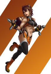 Rule 34 | 1girl, absurdres, animal ears, antenna hair, bare shoulders, black thighhighs, blazblue, boots, breasts, brown hair, clenched hands, fingerless gloves, full body, gloves, highleg, highres, jumping, makoto nanaya, midriff, multicolored hair, navel, open mouth, orange footwear, orange skirt, pelvic curtain, quesm, red eyes, short hair, side slit, skirt, solo, squirrel ears, squirrel tail, tail, thighhighs, tonfa, two-tone hair, underboob, weapon