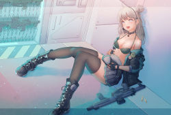 Rule 34 | .300 aac blackout, 1girl, aac honey badger, advanced armament corporation, ahoge, ammunition, animal, assault rifle, badge, bare shoulders, bikini, bikini top only, boots, breasts, bullet, button badge, carbine, carbine cartridge, chaa art, choker, cleavage, commercial cartridge, commission, fingerless gloves, girls&#039; frontline, gloves, grey hair, gun, hair bun, highres, honey badger, honey badger (girls&#039; frontline), integral suppressor, integrally-suppressed firearm, intermediate cartridge, jacket, long hair, medium breasts, military cartridge, off shoulder, open mouth, pdw cartridge, personal defense weapon, q (firearms company), rifle, rifle cartridge, single hair bun, sitting, skeb commission, skirt, smile, smiley face, solo, suppressor, swimsuit, thighhighs, weapon