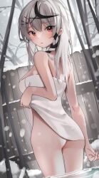 Rule 34 | 1girl, absurdres, ass, bare shoulders, black hair, blush, braid, clothes lift, from behind, grey hair, hair ornament, highres, hololive, long hair, looking at viewer, looking back, multicolored hair, naked towel, parted lips, red eyes, red nails, sakamata chloe, scarlet (wv0102), snowing, solo, streaked hair, towel, towel lift, virtual youtuber, wading, white towel, x hair ornament
