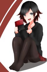 Rule 34 | 1girl, bad id, bad pixiv id, black hair, grey eyes, handheld game console, hood, hoodie, multicolored hair, nintendo 3ds, no shoes, open mouth, panties, panties under pantyhose, pantyhose, red hair, red skirt, ruby rose, rwby, skirt, smile, solo, underwear, xiang (box)